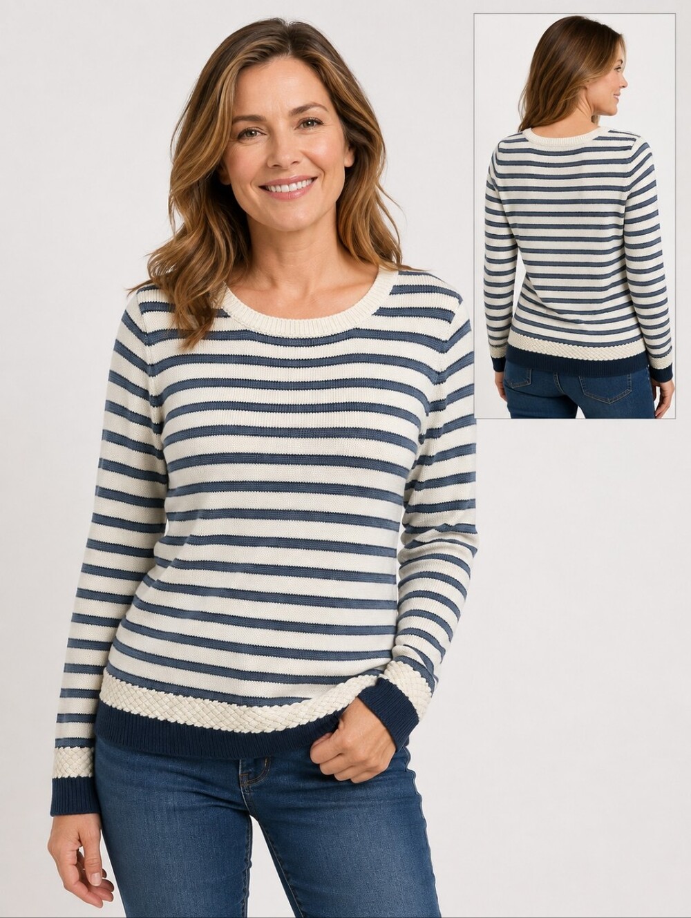 DownEast collection Knit Blue and white striped Detail Sweater Nautical Boat Sm
